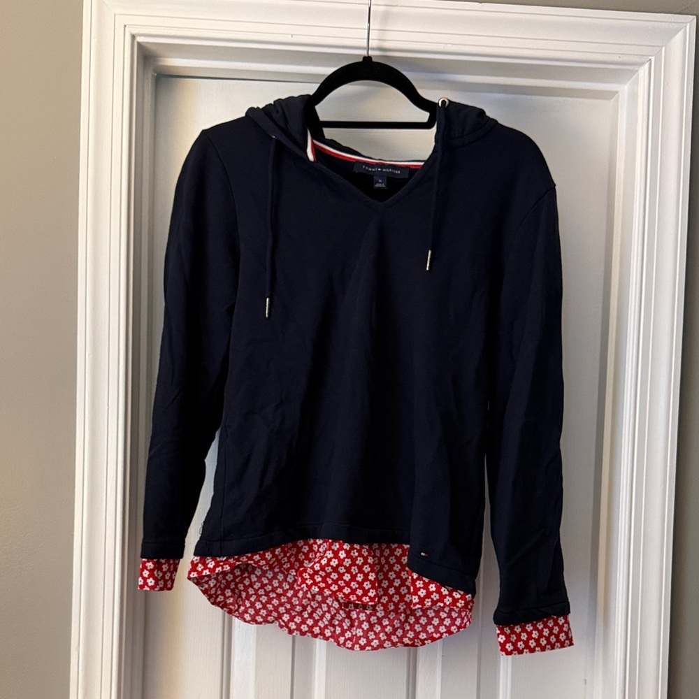 Navy Hilfiger Long Sleeve Hooded Shirt with Red Floral Hem Medium